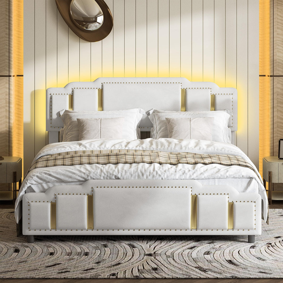Cama tapizada de 160 x 200 cm con espacio de almacenamiento e iluminación LED, cama doble hidráulica con detalles dorados, cama de terciopelo de lujo con sincronización de música y
