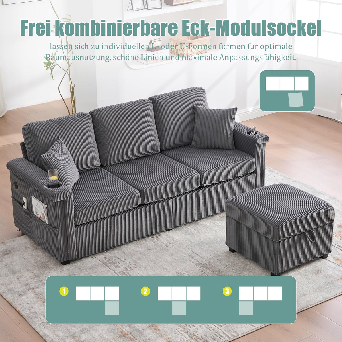 Dolamaní Sofá de terciopelo de 3 plazas con 2 cajones, soporte para bebidas, bolsillos laterales y reposapiés para sala de estar, dormitorio y oficina (beige)