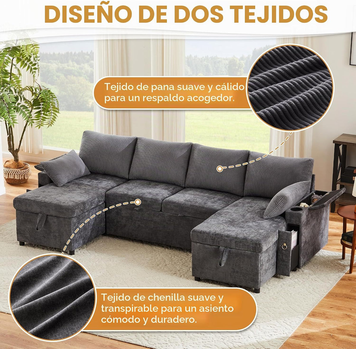 Kebnor Sofá cama de cuatro plazas en forma de U con soporte para bebidas, sofá de esquina con espacio de almacenamiento y función de descanso. Incluye soporte para bebidas y almohadas. Sofá