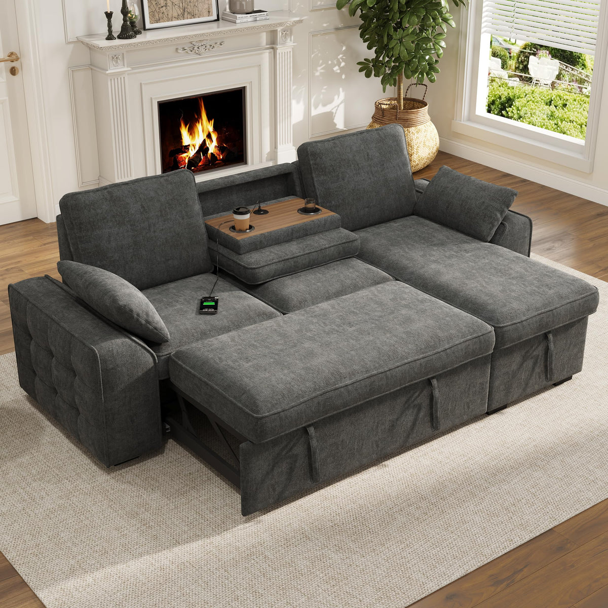 Sofá modular de 3 plazas con función cama extensible y USB/Type-C, sofá esquinero en forma de L con reposacabezas semifijos y compartimento de almacenamiento, sofás con chaise longue