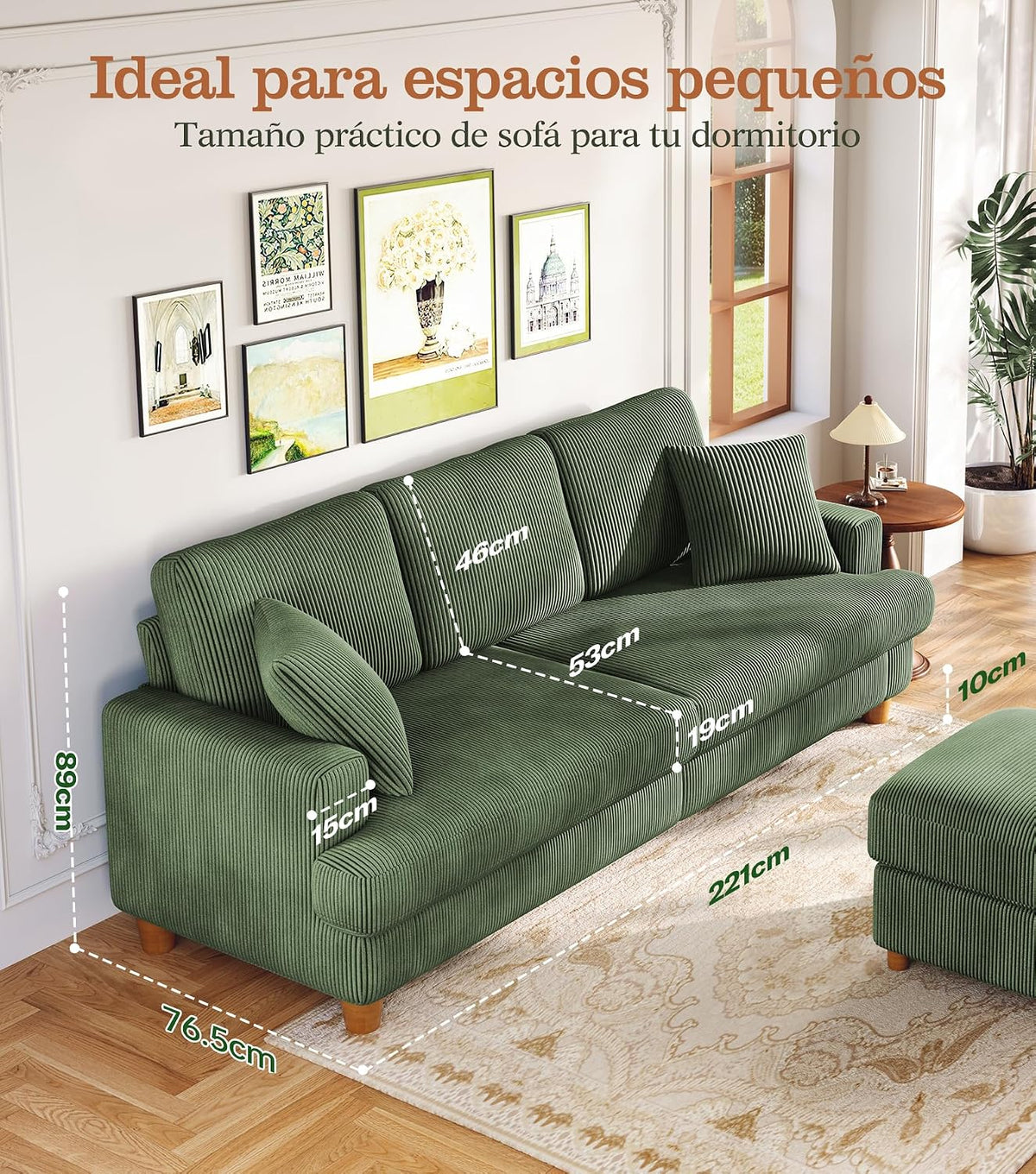 Kidirect Sofá de Pana de 3 plazas, 221 cm cómodo sofá de 53 cm Asientos Extra Profundos, sofá de salón Montaje sin Herramientas sofá Grande con 2 Cojines, sofá Moderno para Oficina,Verde Bosque