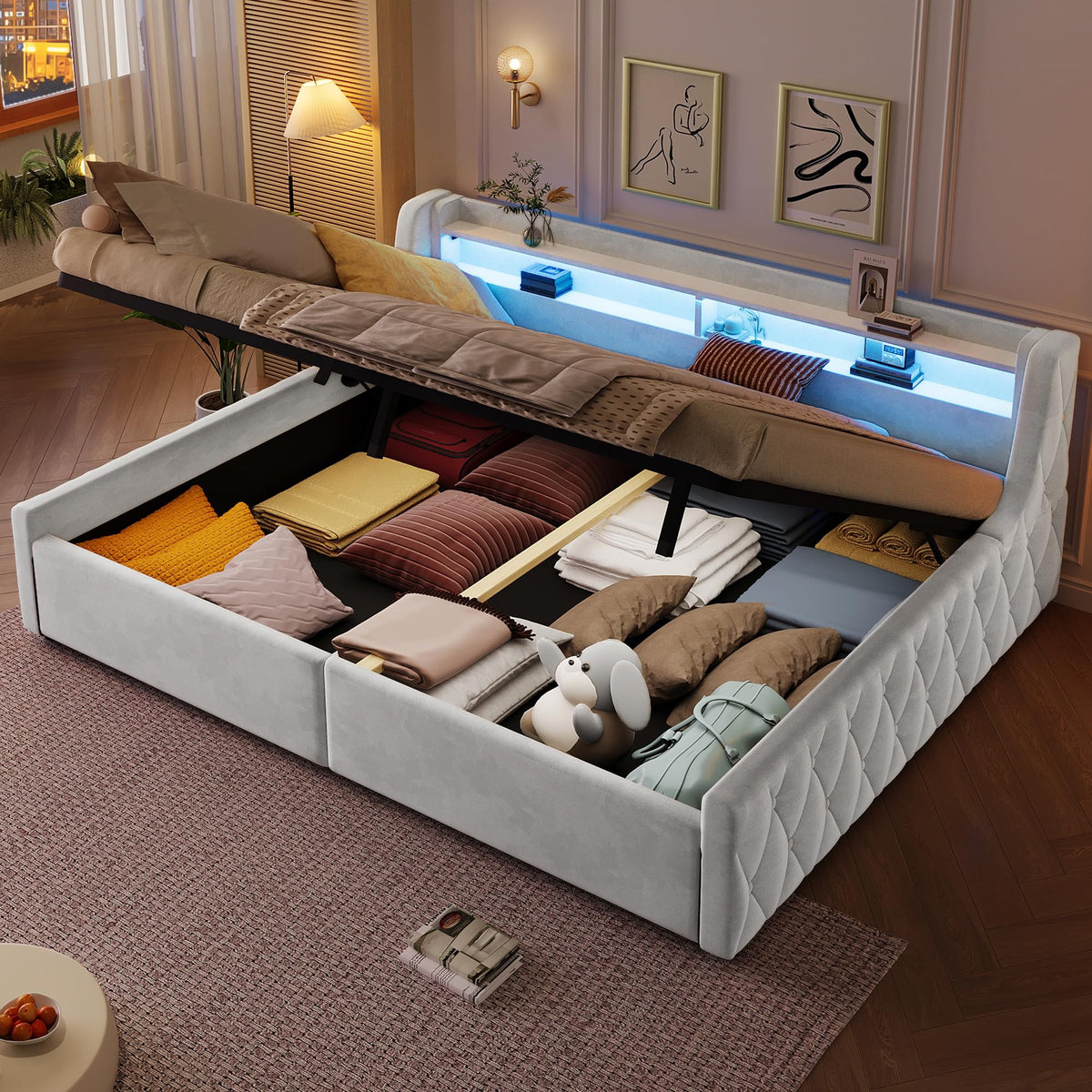 Cama con plataforma de terciopelo 90 x 200 cm, con espacio de almacenamiento hidráulico e iluminación LED (color crema, 90 x 200 cm)
