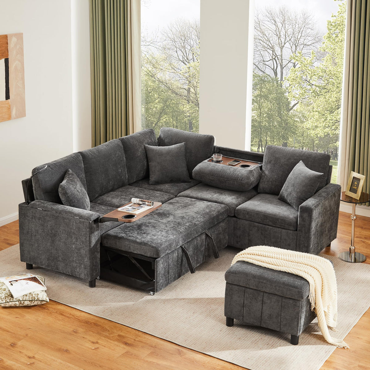 Sofá moderno de chenilla en forma de U con chaise longue, sofá esquinero de 4 plazas con espacio de almacenamiento, puerto USB y tipo C, modular, con soporte para bebidas y cojines suaves