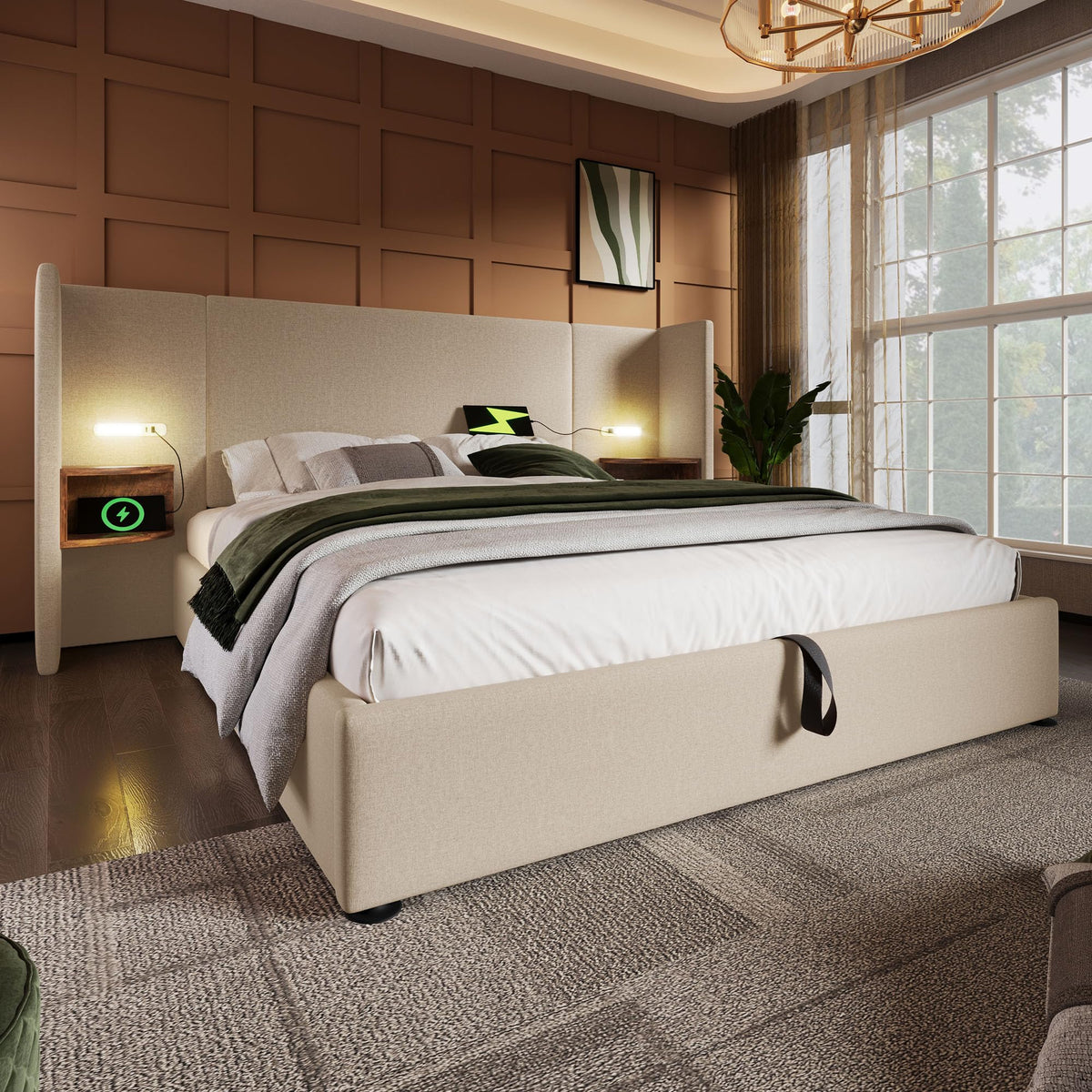 Camas Matrimoniales 160x200 con Cabecero Extendido y Espacio de Almacenaje Hidráulica, Cama Matrimonio con Lámpara de Lectura, Cama Doble con Puerto USB y Tipo C, Lino, Gris, Sin Colchón