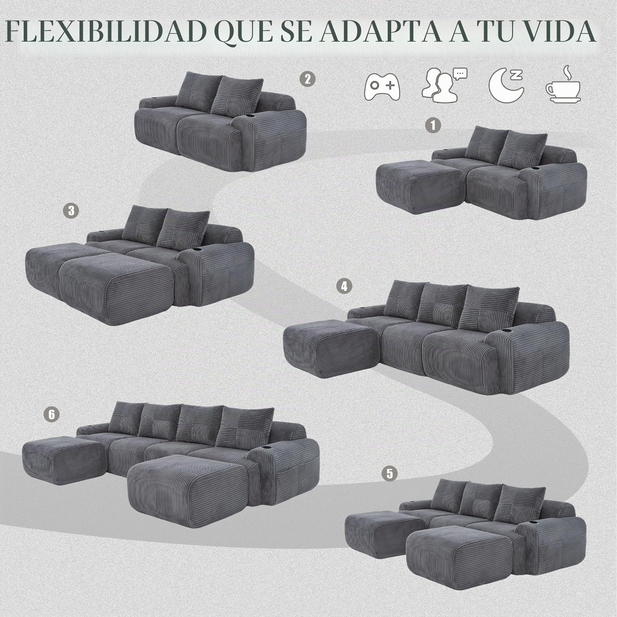 Sofá modular de 200 cm, sofá de 2 plazas con portabebidas y bolsillo de almacenamiento lateral, sofá comprimido de pana, sofá seccional para sala de estar y dormitorio