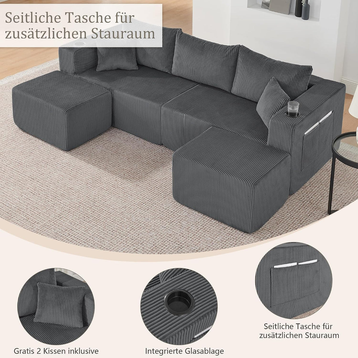 Bladez Sofá esquinero modular en forma de U de pana de 3 plazas gris con otomana
