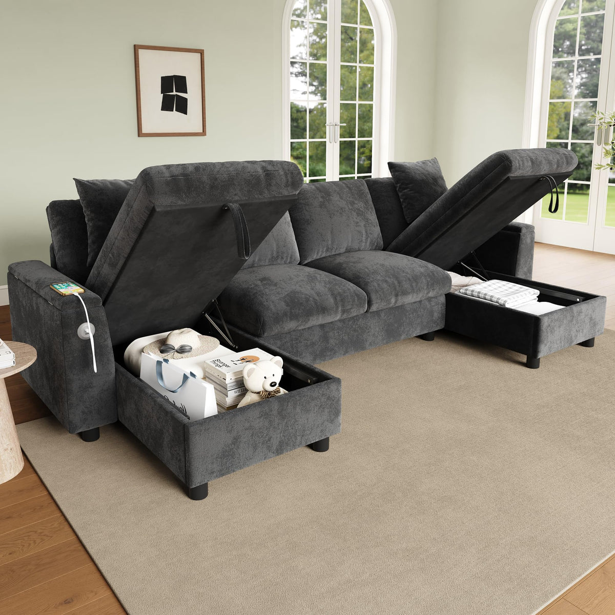 Sofá moderno de chenilla en forma de U con chaise longue, sofá esquinero de 4 plazas con espacio de almacenamiento, puerto USB y tipo C, modular, con soporte para bebidas y cojines suaves