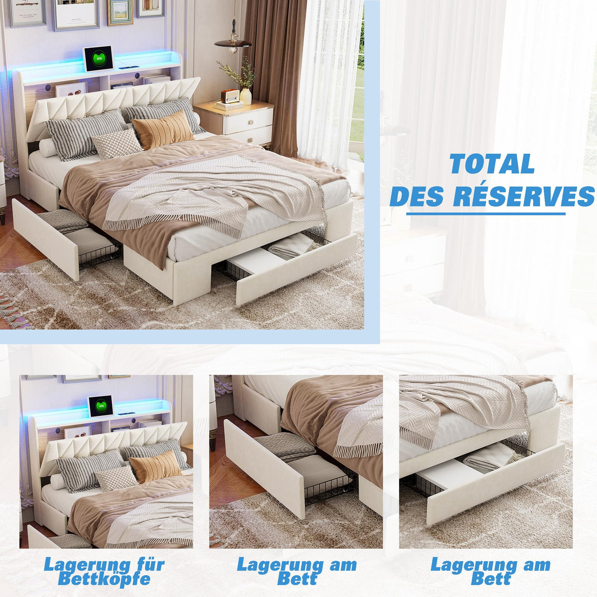BRILVERDE Cama Tapizada 160x200 con Almacenamiento, Cama matrimonial con cajones, Cama Nido con LED, Cabecero Acolchado y Base de Láminas, Terciopelo (Beige, 160 x 200 cm)
