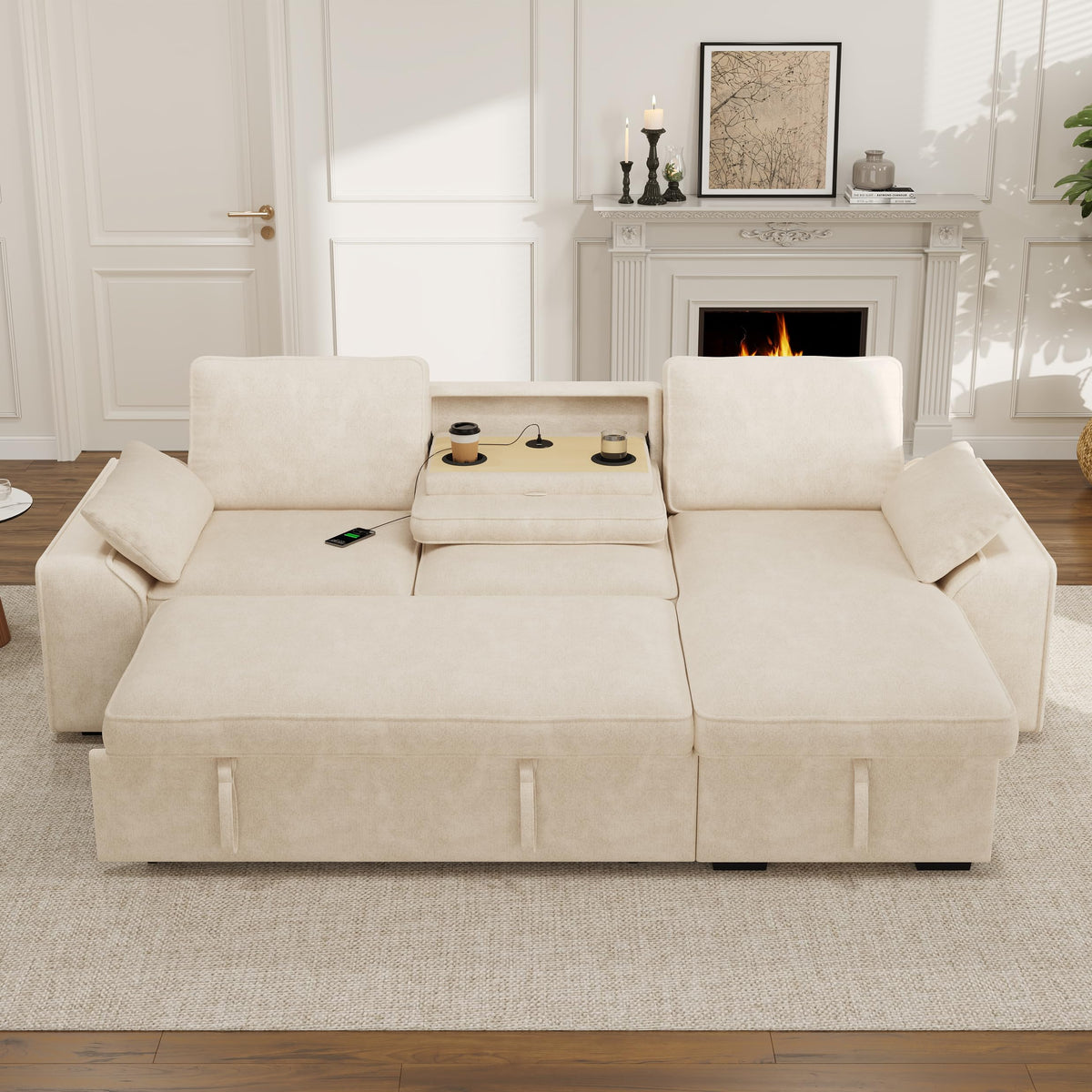 Sofá modular de 3 plazas con función cama extensible y USB/Type-C, sofá esquinero en forma de L con reposacabezas semifijos y compartimento de almacenamiento, sofás con chaise longue