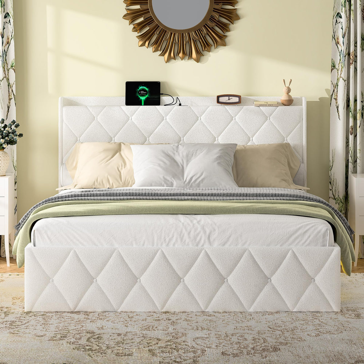 Cama tapizada de 160 x 200 cm con espacio de almacenamiento e iluminación LED, cama doble hidráulica con detalles dorados, cama de terciopelo de lujo con sincronización de música y