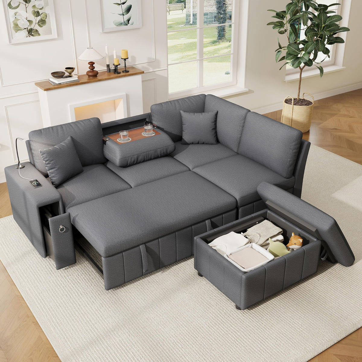 Sapgaks Sofá de esquina convertible de 6 plazas con USB, sofá convertible de 6 plazas, sofá de 6 plazas, en chenilla, con apoyabrazos en forma de librería, puf extraíble para configuraciones en L y en