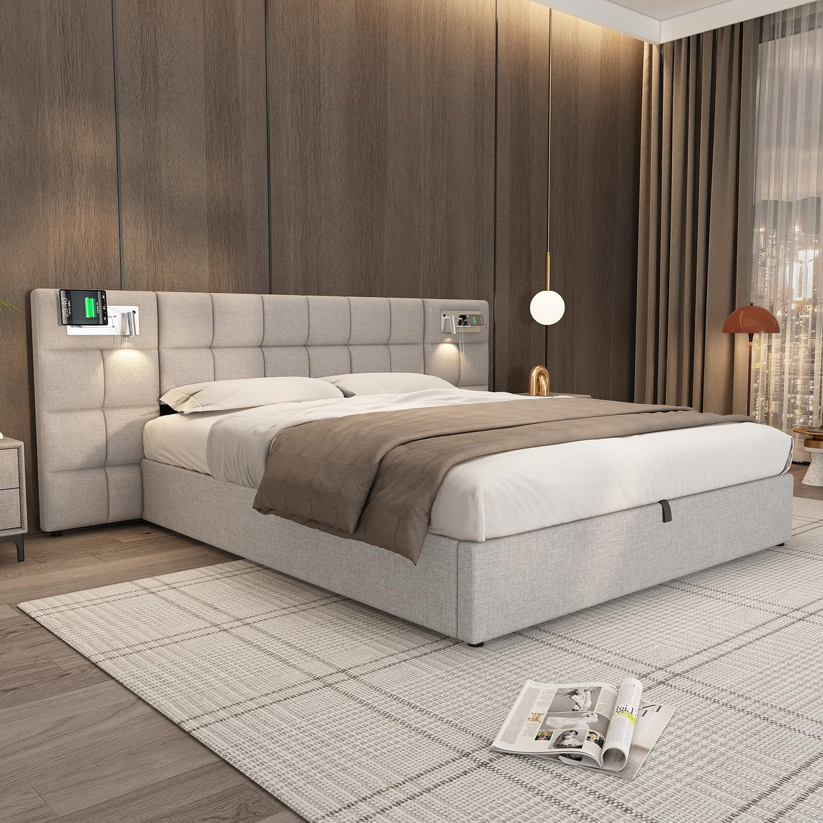 Cama 180x200 cm Camas Matrimoniales con LED y Lámpara de Noche, Cama Doble Tapizada con USB y Cabecero Ancho, Almacenaje Hidráulico, Soporte de Lamas de Madera, Terciopelo, Sin Colchón, Gris