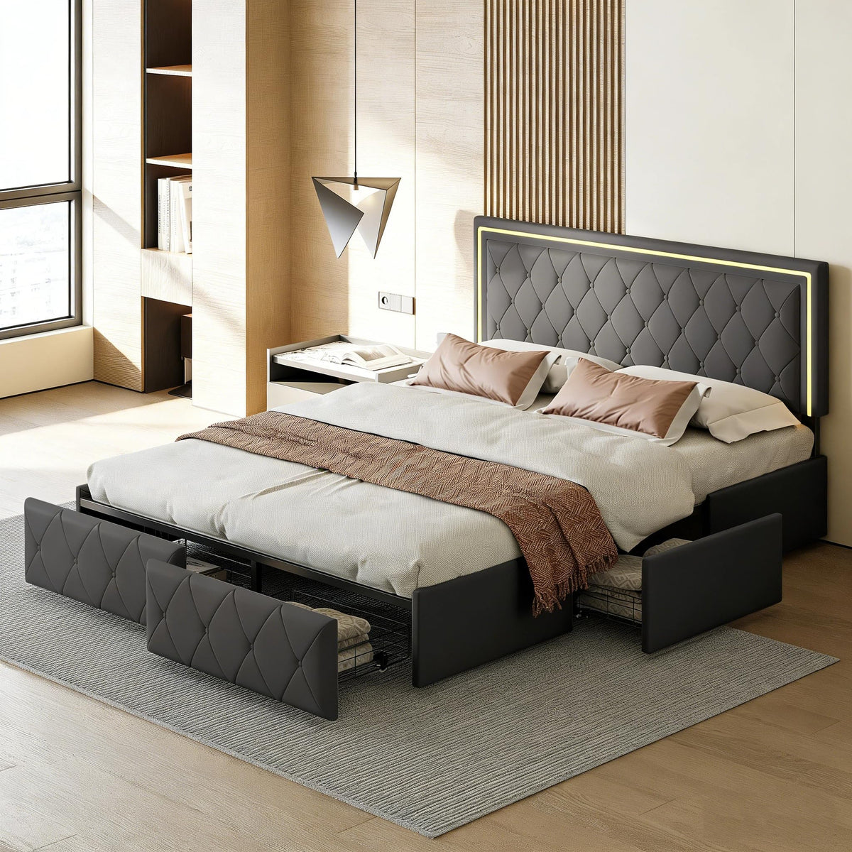 BRILVERDE Cama Tapizada 160x200 con Almacenamiento, Cama matrimonial con cajones, Cama Nido con LED, Cabecero Acolchado y Base de Láminas, Terciopelo (Beige, 160 x 200 cm)