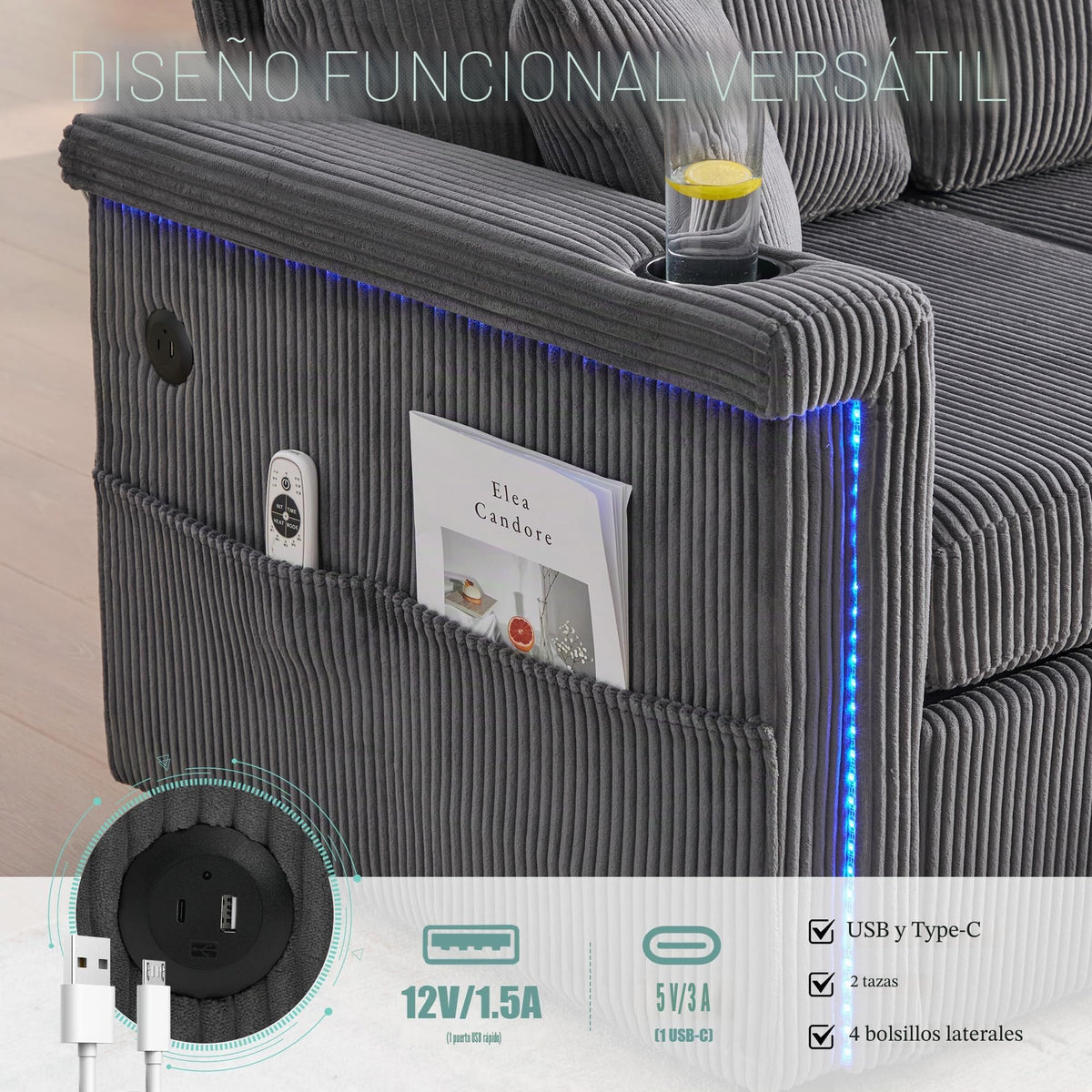 Lubvtti Sofá cama de 3 plazas moderno con función de cama, con espacio de almacenamiento, cargador USB, reposabrazos portaobjetos y 2 cojines, sofá de esquina en L, sofá de 3 plazas, chenilla (C-gris)