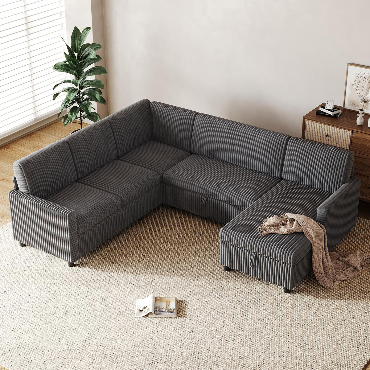 LAKFEW Sofa Cama con Cama Extensible y Taburete Almacenaje, Sofa Rinconera con USB, Lámpara de Lectura, Mesa Plegable con 2 Posavasos, 205x205x85 cm, Gris