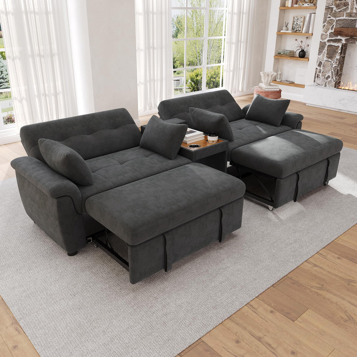 LAKFEW Sofa Cama con Cama Extensible y Taburete Almacenaje, Sofa Rinconera con USB, Lámpara de Lectura, Mesa Plegable con 2 Posavasos, 205x205x85 cm, Gris