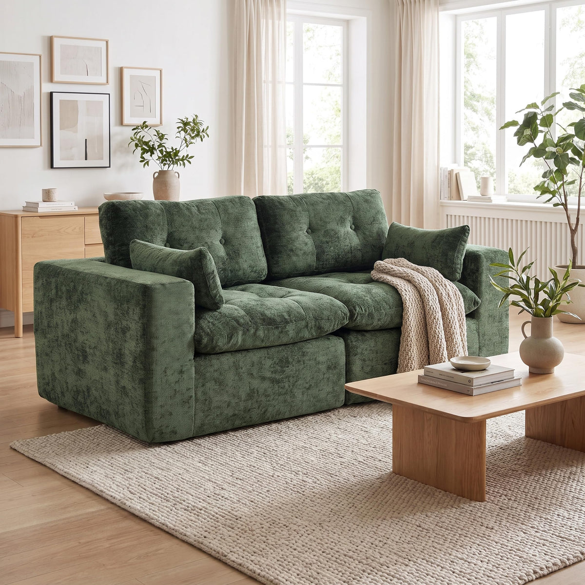 Sofá modular de 3 plazas con función de dormir, asiento extra profundo, felpilla para el hogar, sofá sin marco, sofá cama flexible para salón, verde