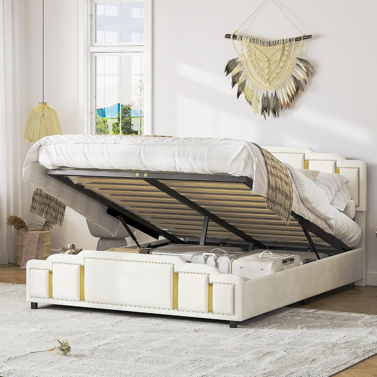 Cama tapizada de 160 x 200 cm con espacio de almacenamiento e iluminación LED, cama doble hidráulica con detalles dorados, cama de terciopelo de lujo con sincronización de música y