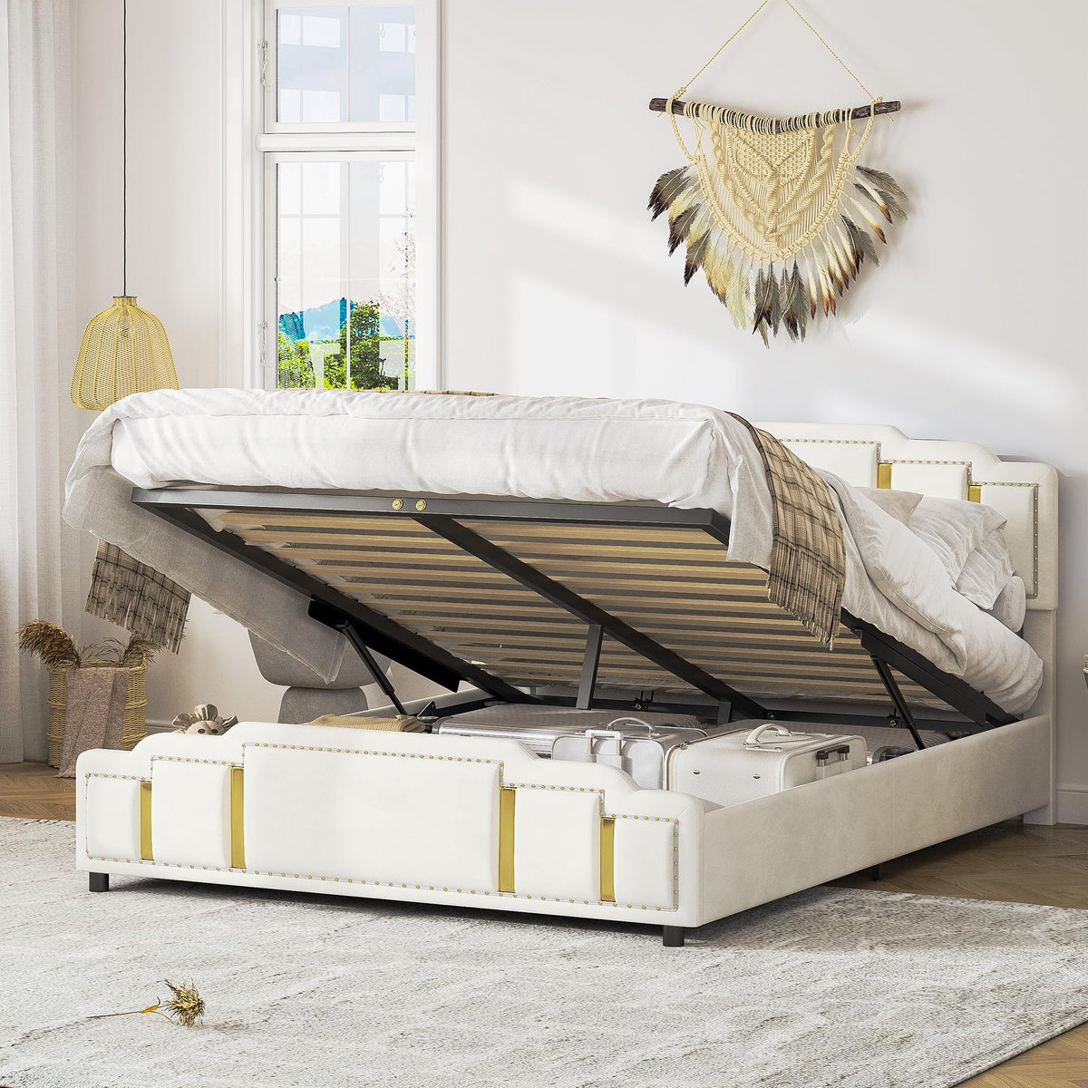 Cama tapizada de 160 x 200 cm con espacio de almacenamiento e iluminación LED, cama doble hidráulica con detalles dorados, cama de terciopelo de lujo con sincronización de música y
