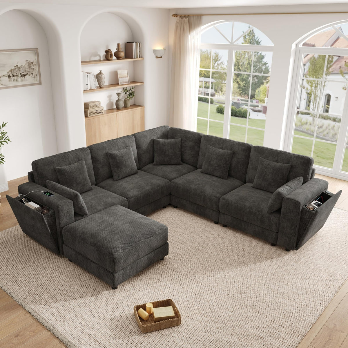 Sofá modular de 6 plazas, sofá esquinero en forma de L/U, puertos USB/tipo C, portavasos y espacio de almacenamiento, tela de chenilla, 7 cojines, salón, dormitorio y oficina, color beige