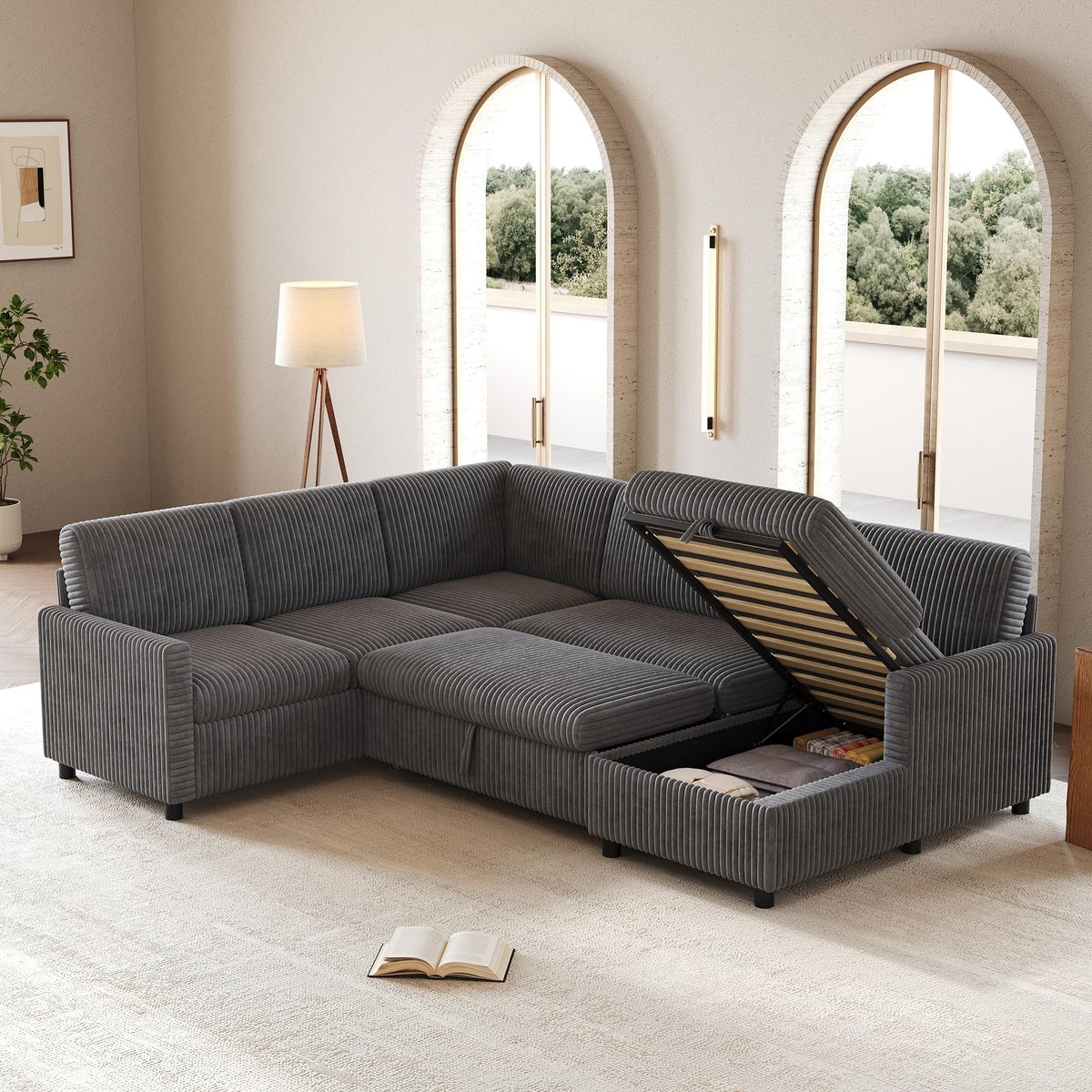 LAKFEW Sofa Cama con Cama Extensible y Taburete Almacenaje, Sofa Rinconera con USB, Lámpara de Lectura, Mesa Plegable con 2 Posavasos, 205x205x85 cm, Gris