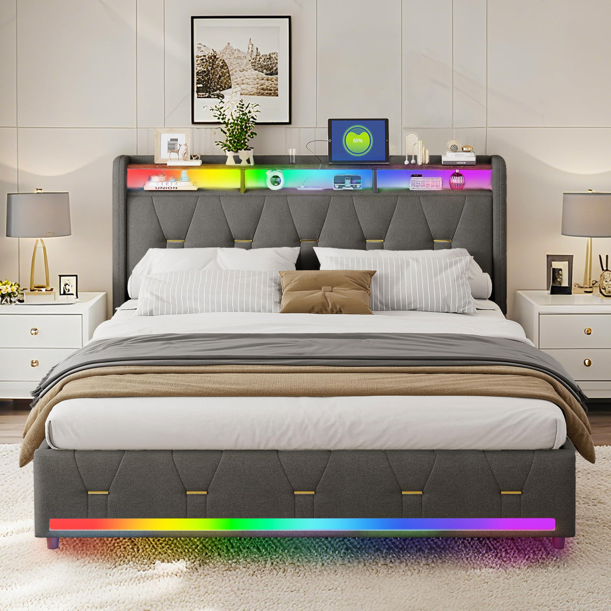 Estructura de Cama de Cuero 160x200cm con Carga USB Type-C, Blanco