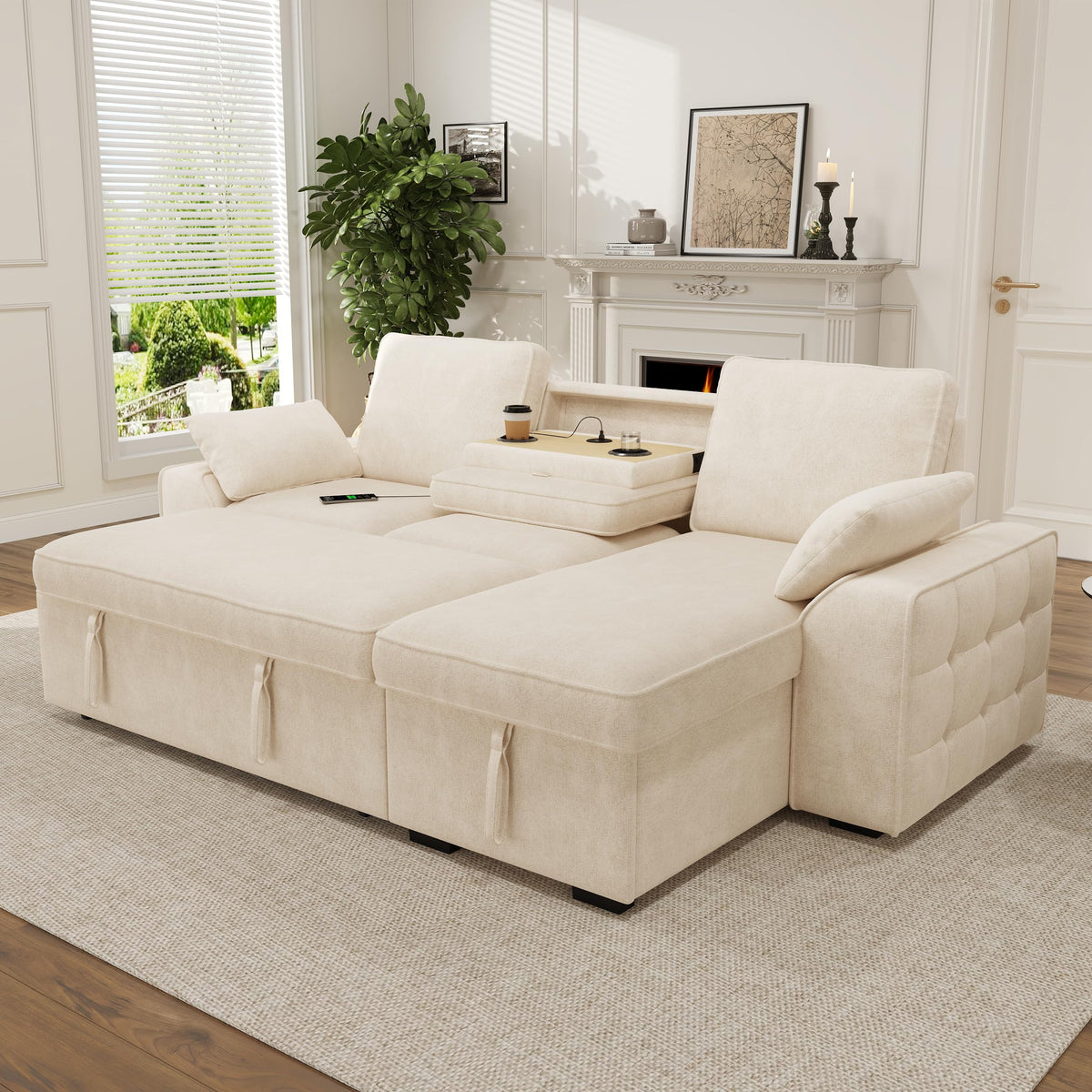 Sofá modular de 3 plazas con función cama extensible y USB/Type-C, sofá esquinero en forma de L con reposacabezas semifijos y compartimento de almacenamiento, sofás con chaise longue