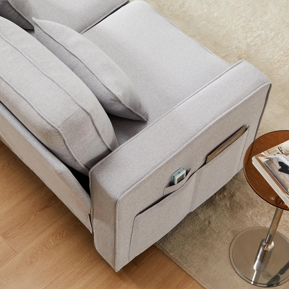 Sofá moderno de 4 plazas, en tejido de lino, soporte para bebidas, 2 puertos de carga USB con cable, bolsillos en reposabrazos y 4 cojines, sofá sencillo para sala de estar
