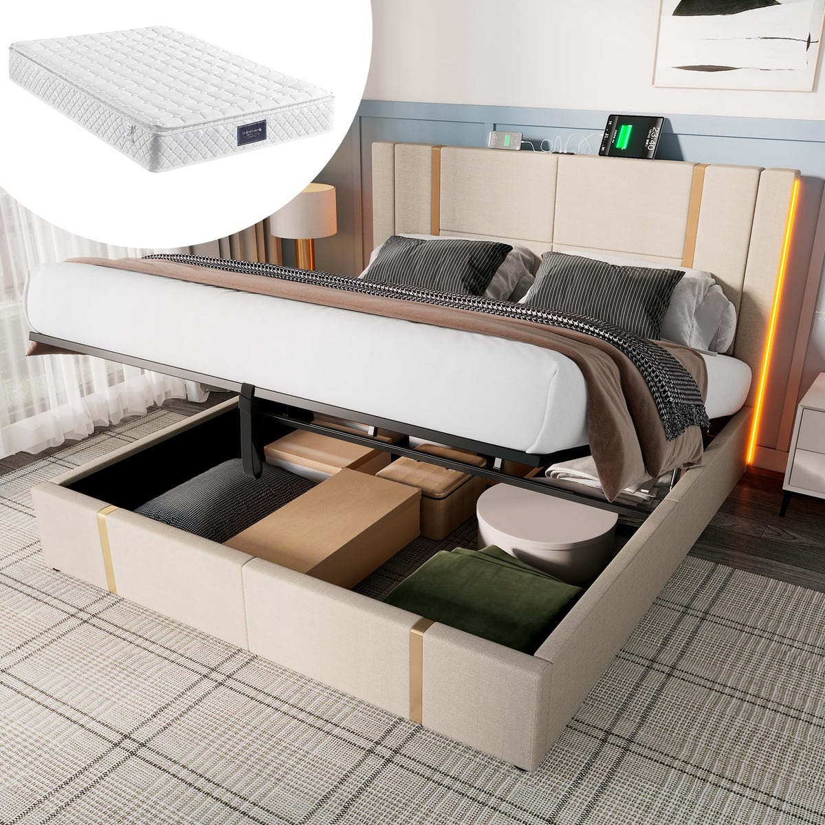 Cama tapizada doble USB tipo C función de carga APP Control LED 180 × 200 cm espacio espacio cama somier de láminas de madera, material de lino beige (sin colchón)