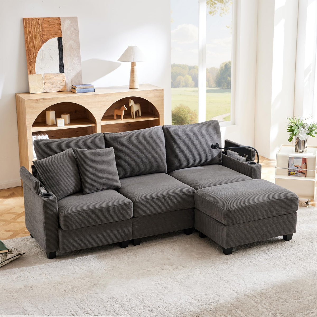 Sofá modular de 6 plazas, sofá esquinero en forma de L/U, puertos USB/tipo C, portavasos y espacio de almacenamiento, tela de chenilla, 7 cojines, salón, dormitorio y oficina, color beige