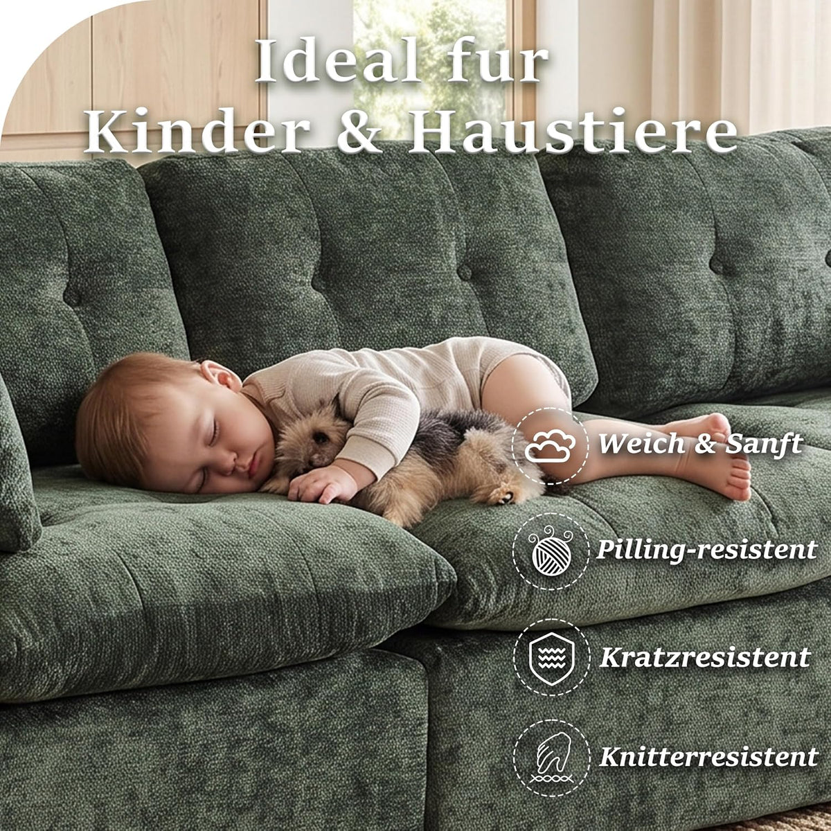 Sofá modular de 3 plazas con función de dormir, asiento extra profundo, felpilla para el hogar, sofá sin marco, sofá cama flexible para salón, verde