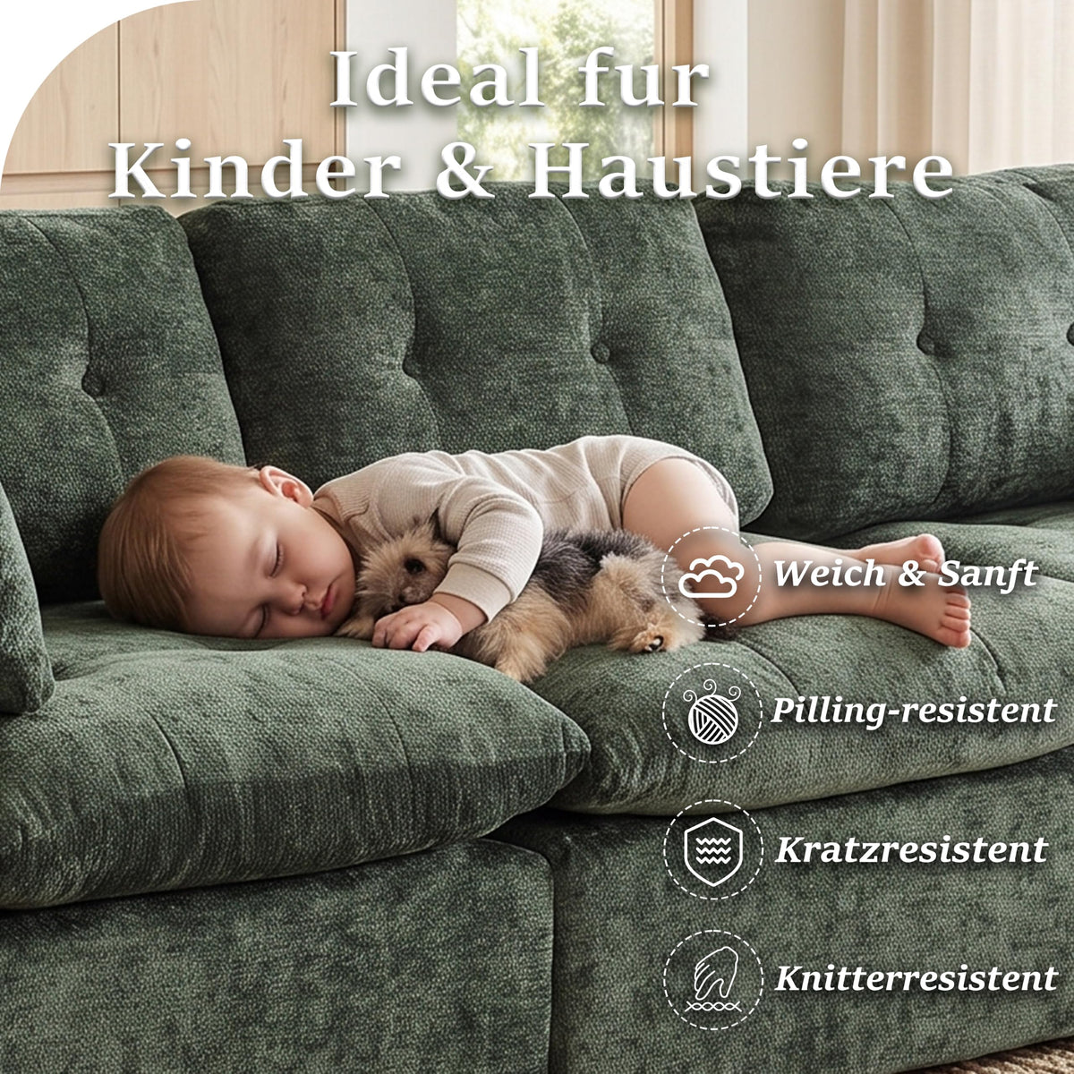 Sofá modular de 3 plazas con función de dormir, asiento extra profundo, felpilla para el hogar, sofá sin marco, sofá cama flexible para salón, verde