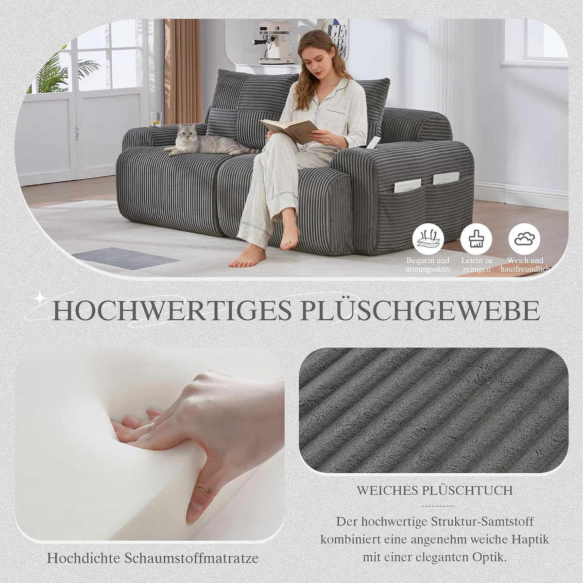 Sofá modular de 200 cm, sofá de 2 plazas con portabebidas y bolsillo de almacenamiento lateral, sofá comprimido de pana, sofá seccional para sala de estar y dormitorio