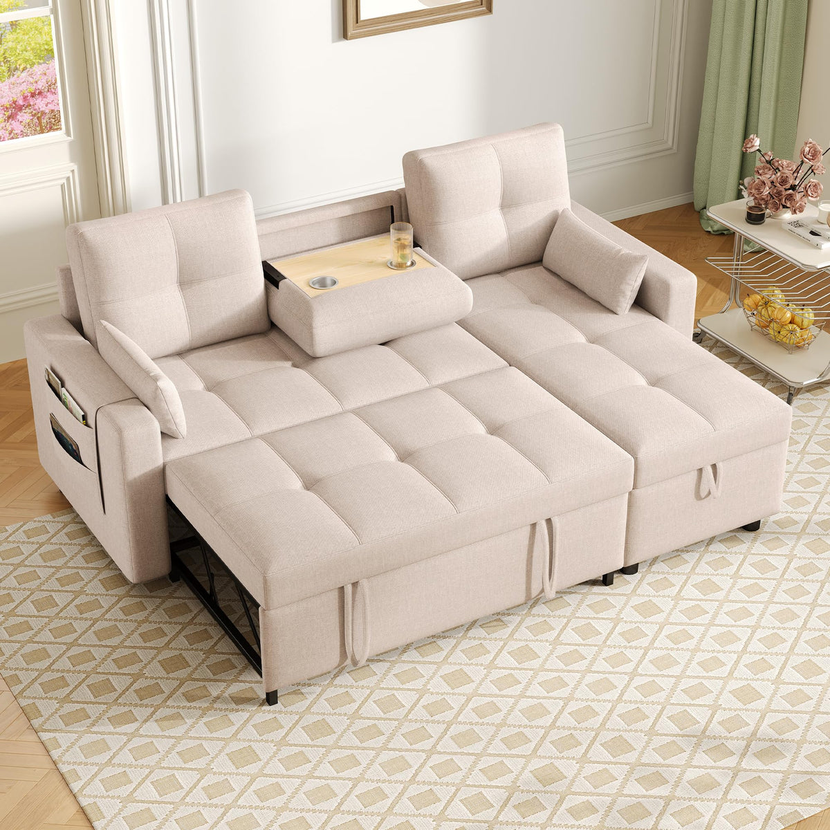 Bladez Sofá cama extensible en forma de L de lino con espacio de almacenamiento, soporte para bebidas, sofá modular de 3 plazas para salón (gris)
