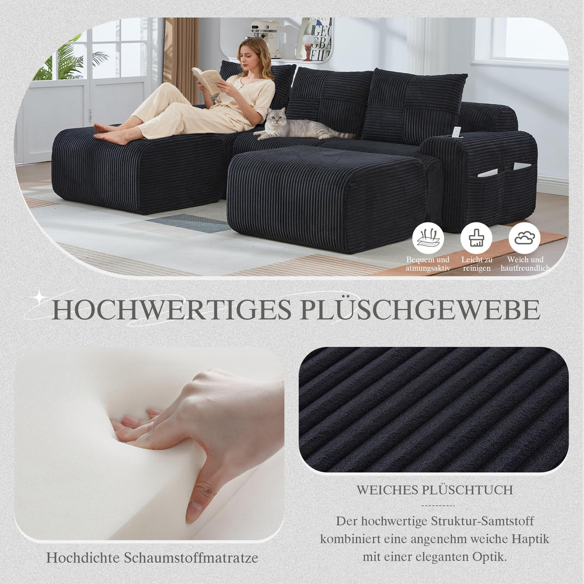 Sofá modular de 200 cm, sofá de 2 plazas con portabebidas y bolsillo de almacenamiento lateral, sofá comprimido de pana, sofá seccional para sala de estar y dormitorio