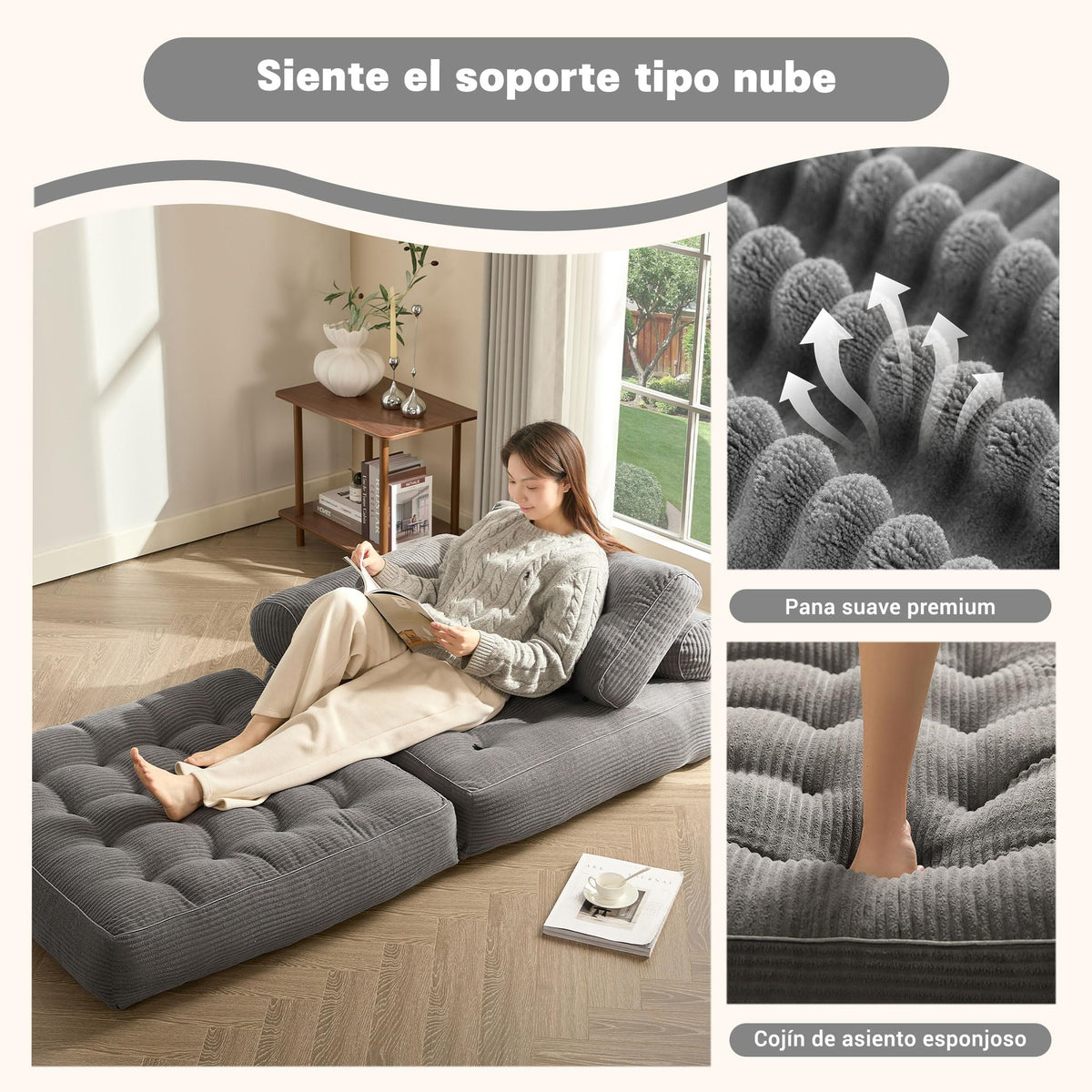 Sofá Convertible 4 en 1, Sofá Cama 1 Plaza, Pana, Negro