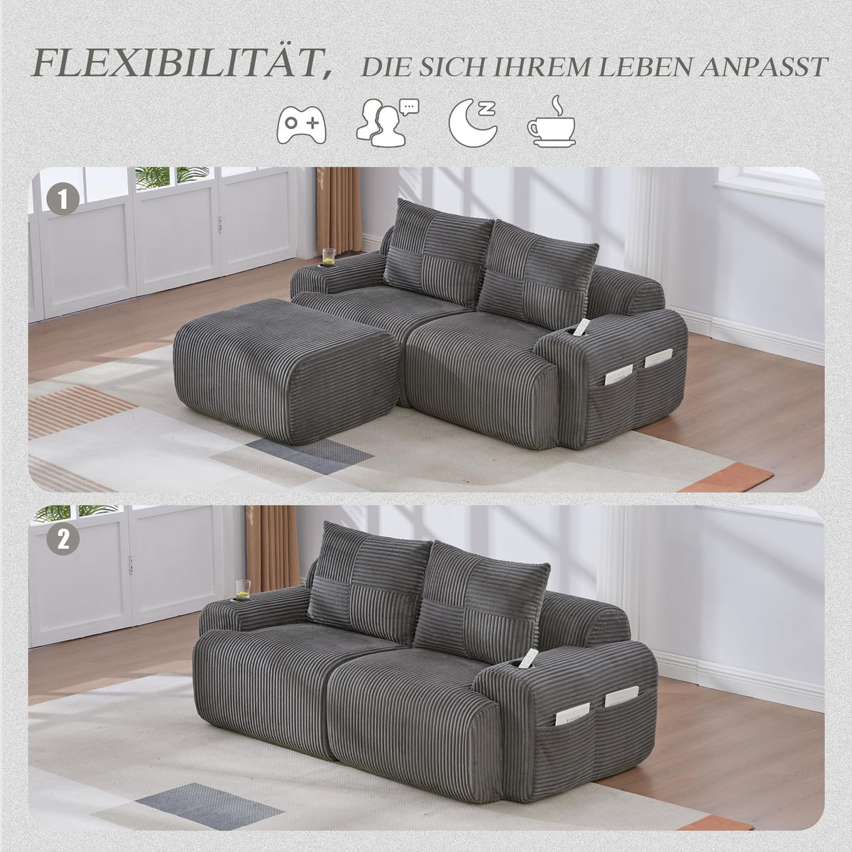 Sofá modular de 200 cm, sofá de 2 plazas con portabebidas y bolsillo de almacenamiento lateral, sofá comprimido de pana, sofá seccional para sala de estar y dormitorio