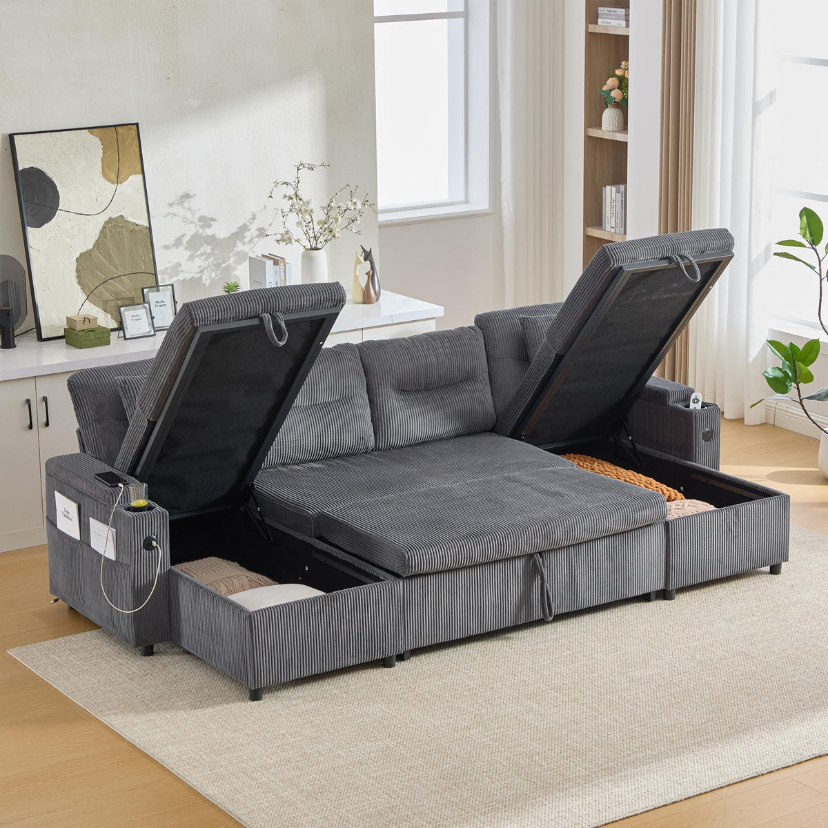 Dolamaní Sofá moderno de 4 plazas de tela de lino con espacio de almacenamiento y función de dormir, sofá cama con cajonera extensible en forma de L para casa y salón (beige B)