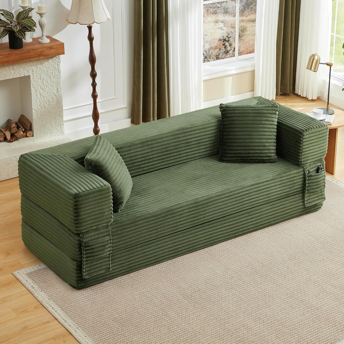 Sapgaks Sofá Convertible, Sofá Cama, Sofá 2 Plazas sin Marco, Sofá Plegable de Compresión, Diseño Cuadrado Clásico, No requiere Montaje (Verde-1)