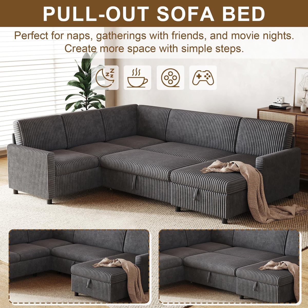 LAKFEW Sofa Cama con Cama Extensible y Taburete Almacenaje, Sofa Rinconera con USB, Lámpara de Lectura, Mesa Plegable con 2 Posavasos, 205x205x85 cm, Gris