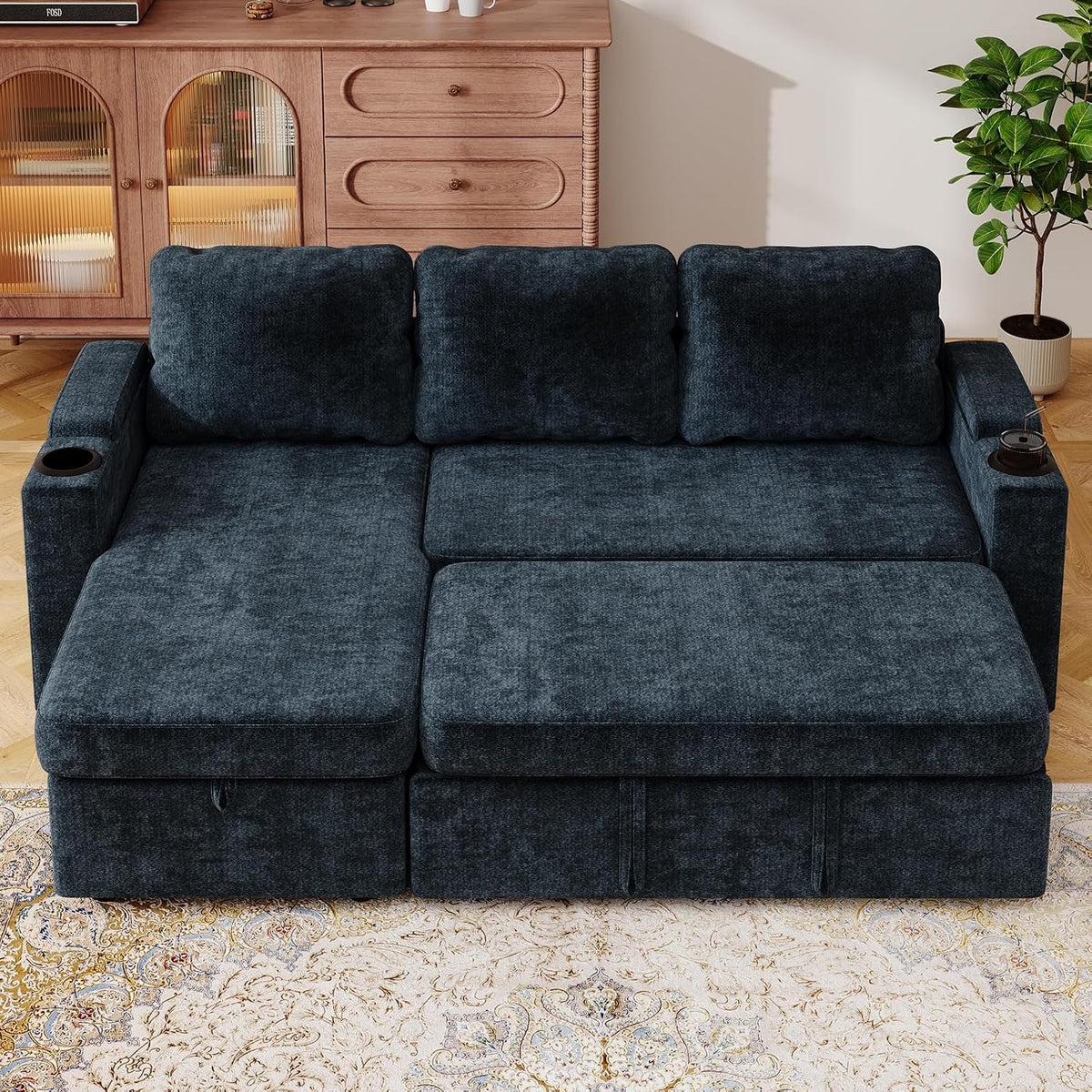 Devoko Sofá Cama L 3 plazas Azul Marino con almacén y portavasos, sofá Convertible Suave para salón y Piso, multifunción con Brazos amplios y Gran almacenaje