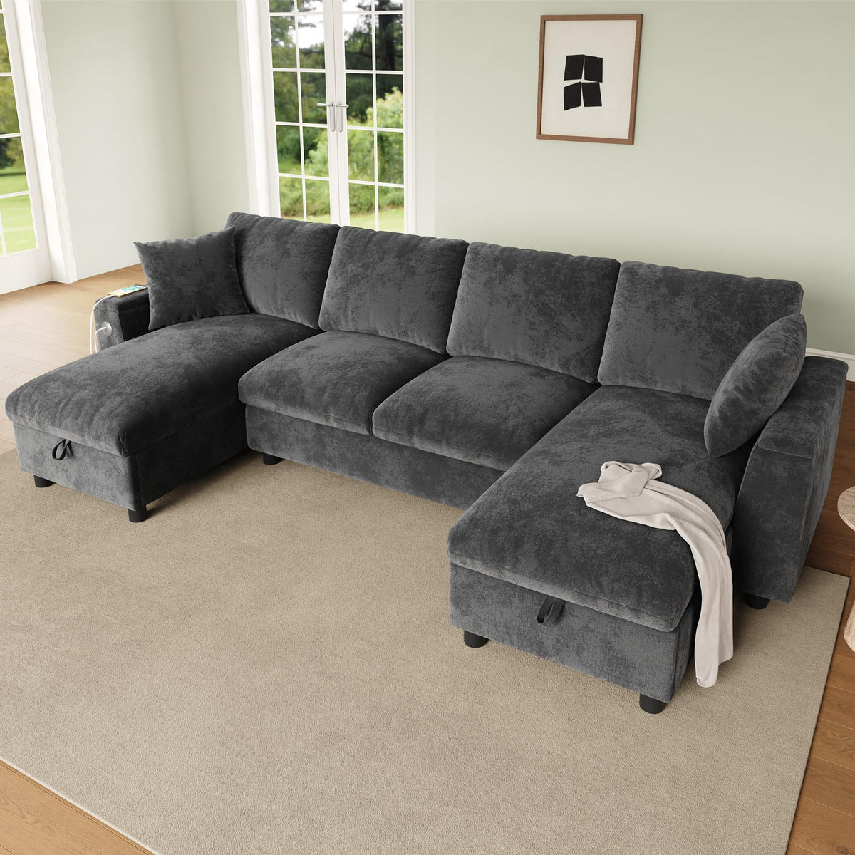 Sofá moderno de chenilla en forma de U con chaise longue, sofá esquinero de 4 plazas con espacio de almacenamiento, puerto USB y tipo C, modular, con soporte para bebidas y cojines suaves
