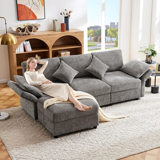 Soweiz Sofá de esquina en forma de L con reposapiés, sofá cama convertible de 3 plazas, 4 cojines, brazos ajustables, tejido chenilla, adecuado para salón/oficina/apartamento, 218 x 156,5 x 86 cm