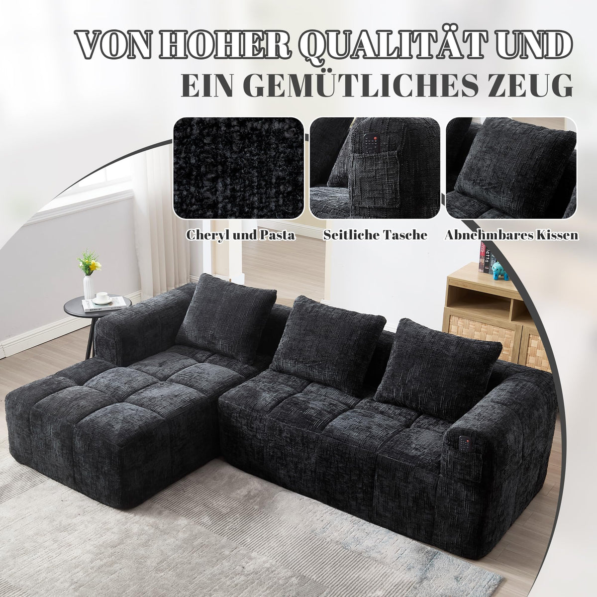 Soweiz Sofá L, seccional de 3 plazas, sofá con chaise longue y reposabrazos, 3 cojines, bolsillo lateral para mando a distancia, 250 x 158 x 60 cm