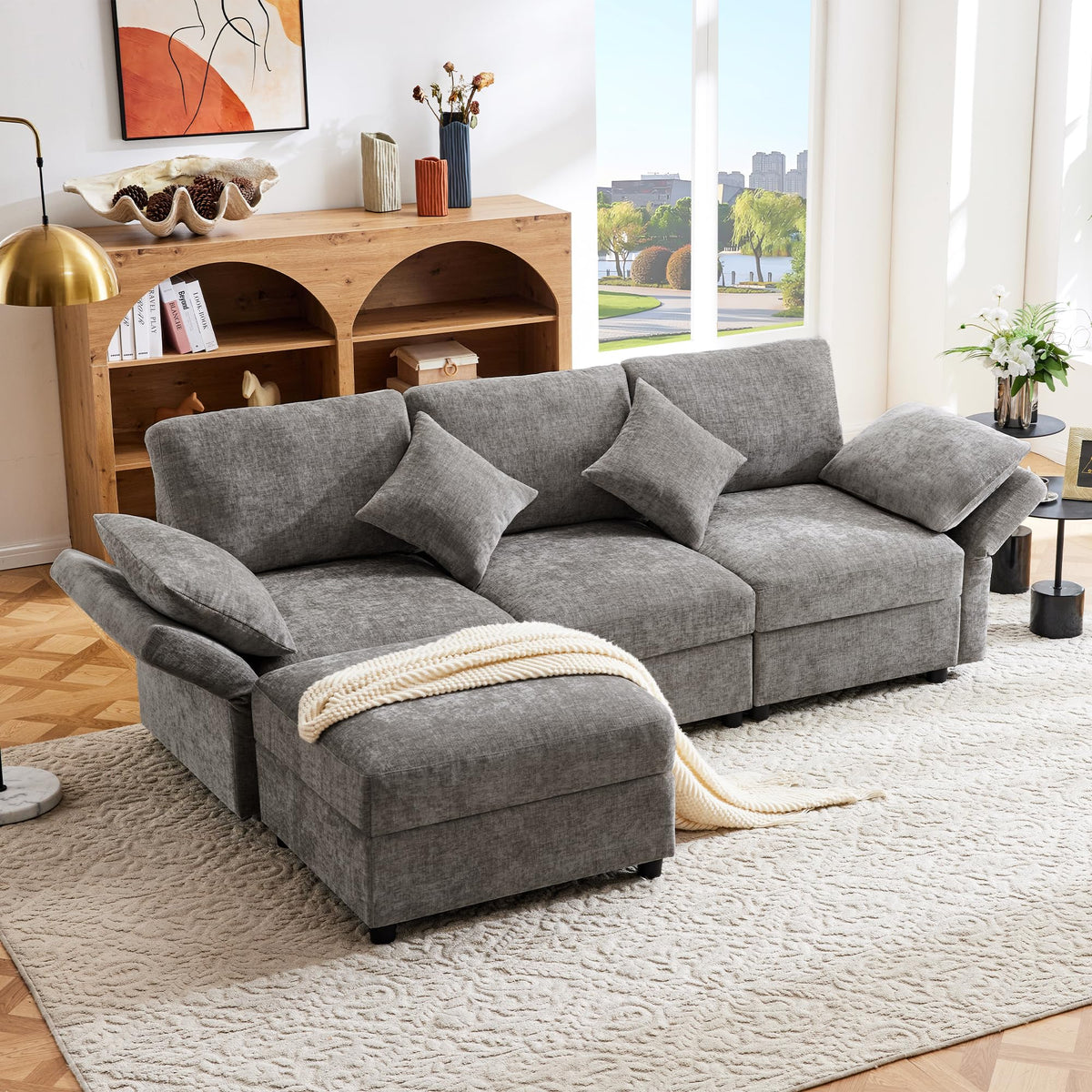 Sofá cama convertible de 3 plazas, sofá esquinero en forma de L con reposapiés, 4 almohadas, reposabrazos ajustables, cómoda tela de chenilla, adecuado para sala de estar, oficina, apartamento