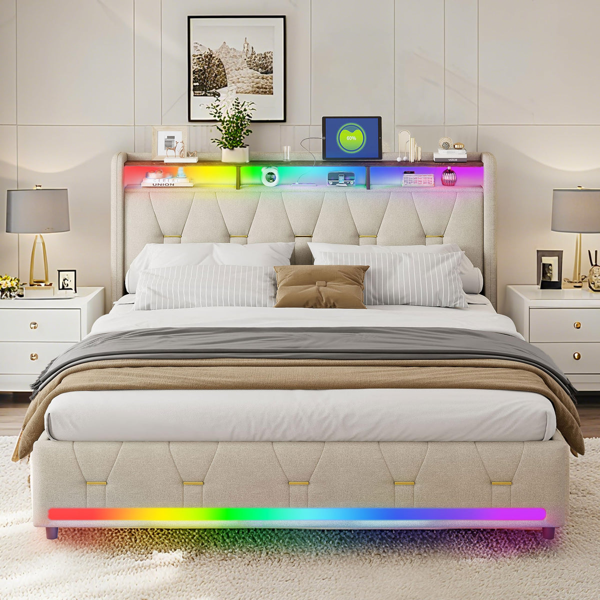 Estructura de Cama de Cuero 160x200cm con Carga USB Type-C, Blanco