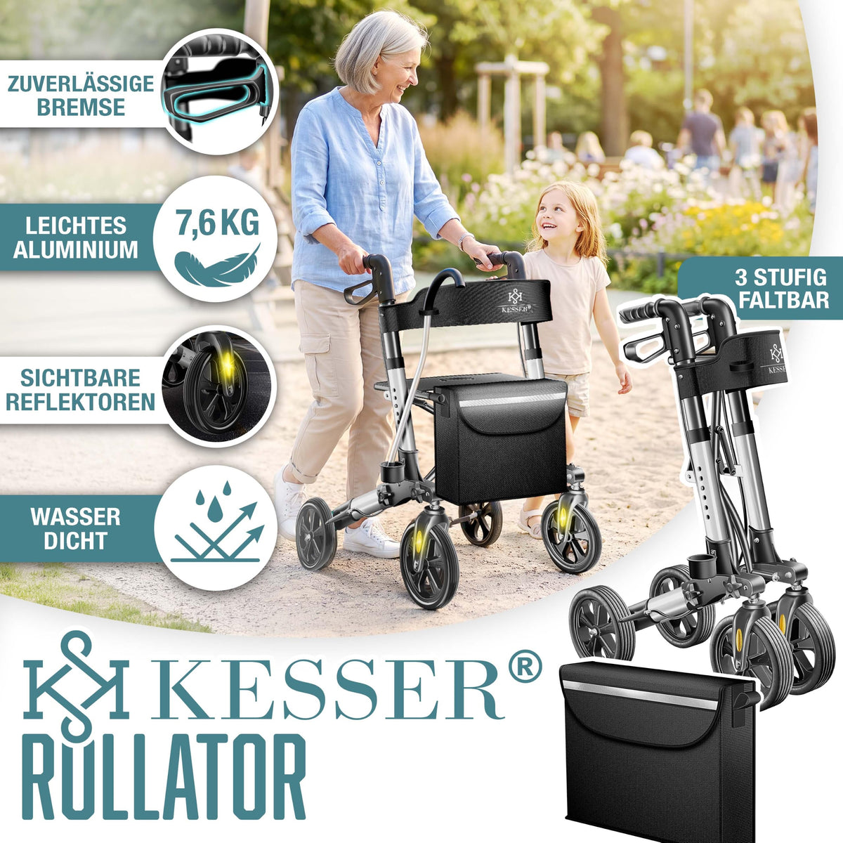 KESSER® Andador plegable con asiento y respaldo, 4 Ruedas/Frenos/Saco de Compra y Porta Bastón, Altura Ajustable 82-94cm, Andador, Carro, Rollator para Ancianos Gris