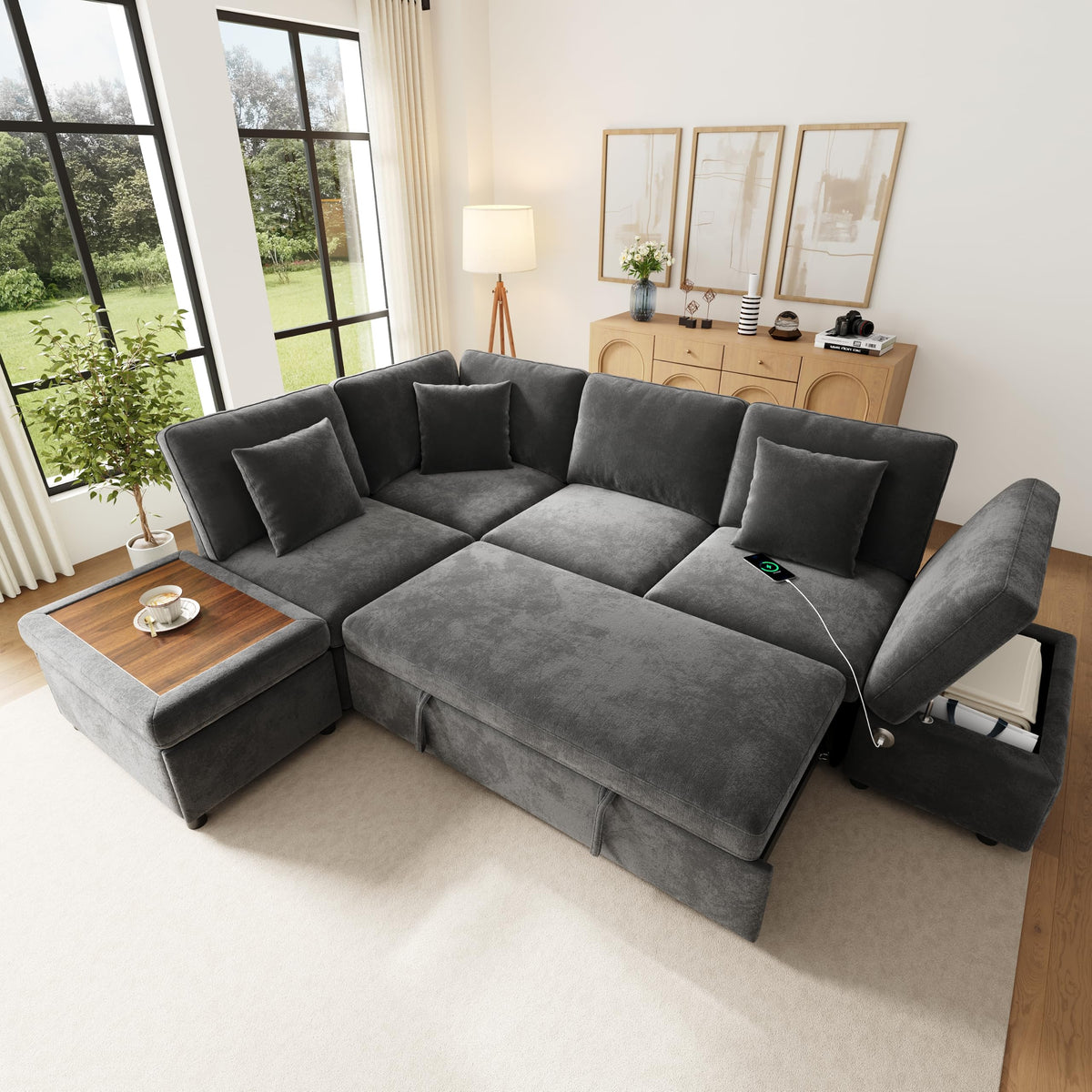 Sofá modular de 3 plazas con función cama extensible y USB/Type-C, sofá esquinero en forma de L con reposacabezas semifijos y compartimento de almacenamiento, sofás con chaise longue