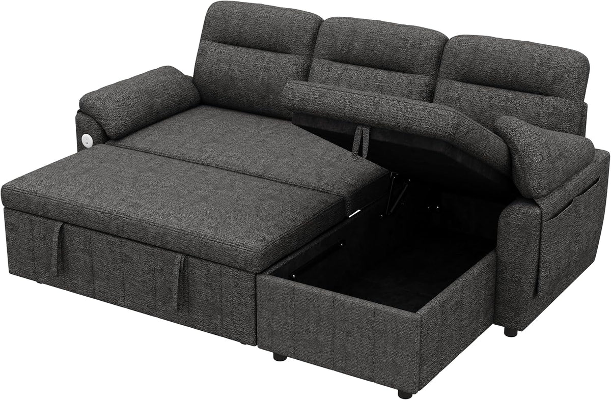 Sofá modular de 3 plazas con función cama extensible y USB/Type-C, sofá esquinero en forma de L con reposacabezas semifijos y compartimento de almacenamiento, sofás con chaise longue