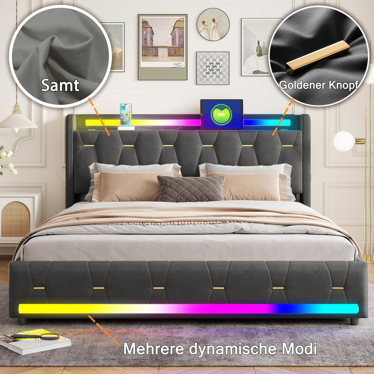 Estructura de Cama de Cuero 160x200cm con Carga USB Type-C, Blanco